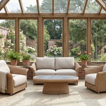 Cozy wicker seating in a sunroom with garden view.
