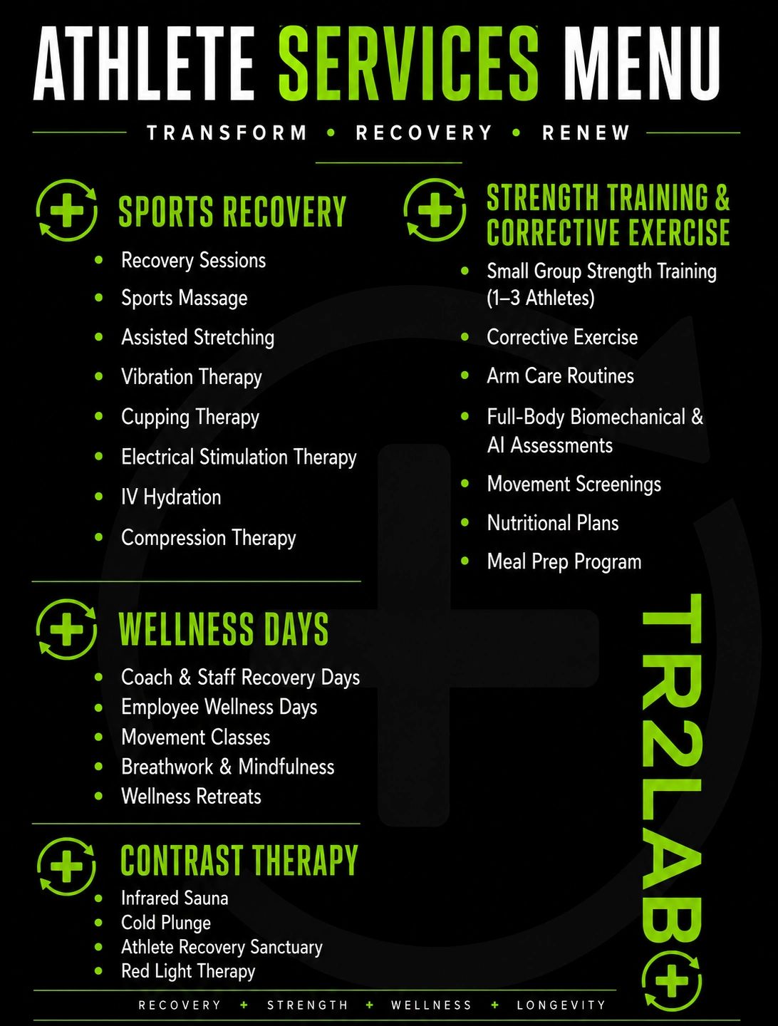 Menu of athlete services including recovery, training, wellness, and contrast therapy.
