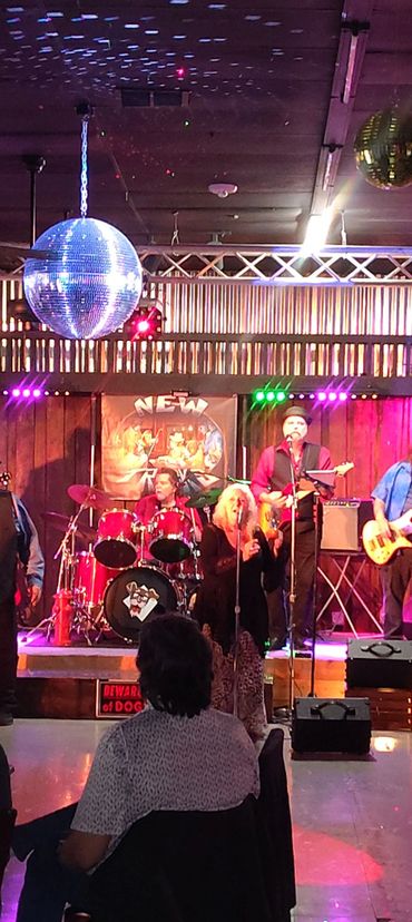 Live band performing on a colorful stage with disco balls overhead.
