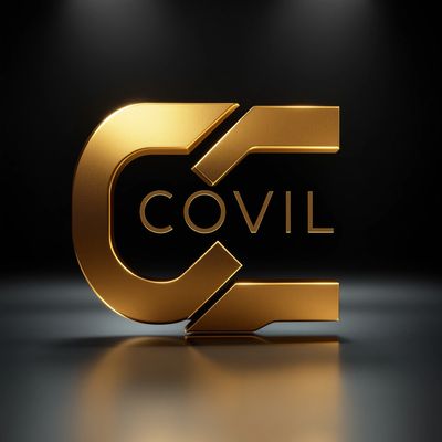Golden metallic logo with the word 'COVIL' on a dark reflective surface.