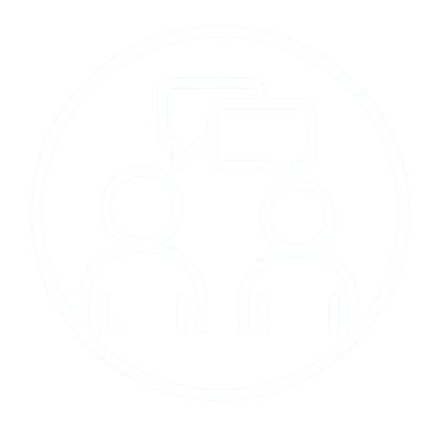 Two people exchanging messages inside a circle icon.