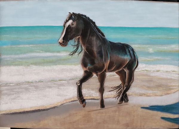 a pastel painting of a black horse running on the beach