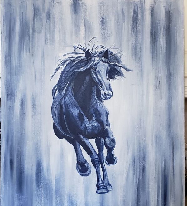 an indigo blue painting of a running horse on canvas