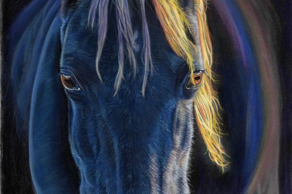 a pastel painting of a blue horse with strong lighting