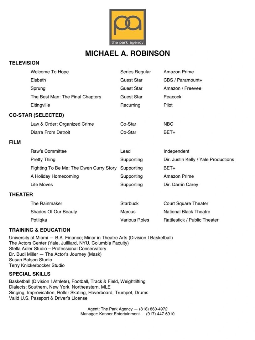 Resume of Michael A. Robinson listing his acting roles, training, and special skills.