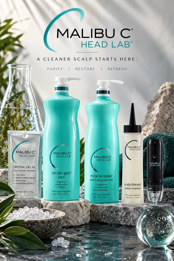 Malibu C Head Lab scalp care products displayed on stone surfaces.