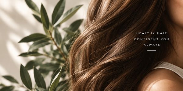 Woman with healthy, shiny hair and a plant in the background.