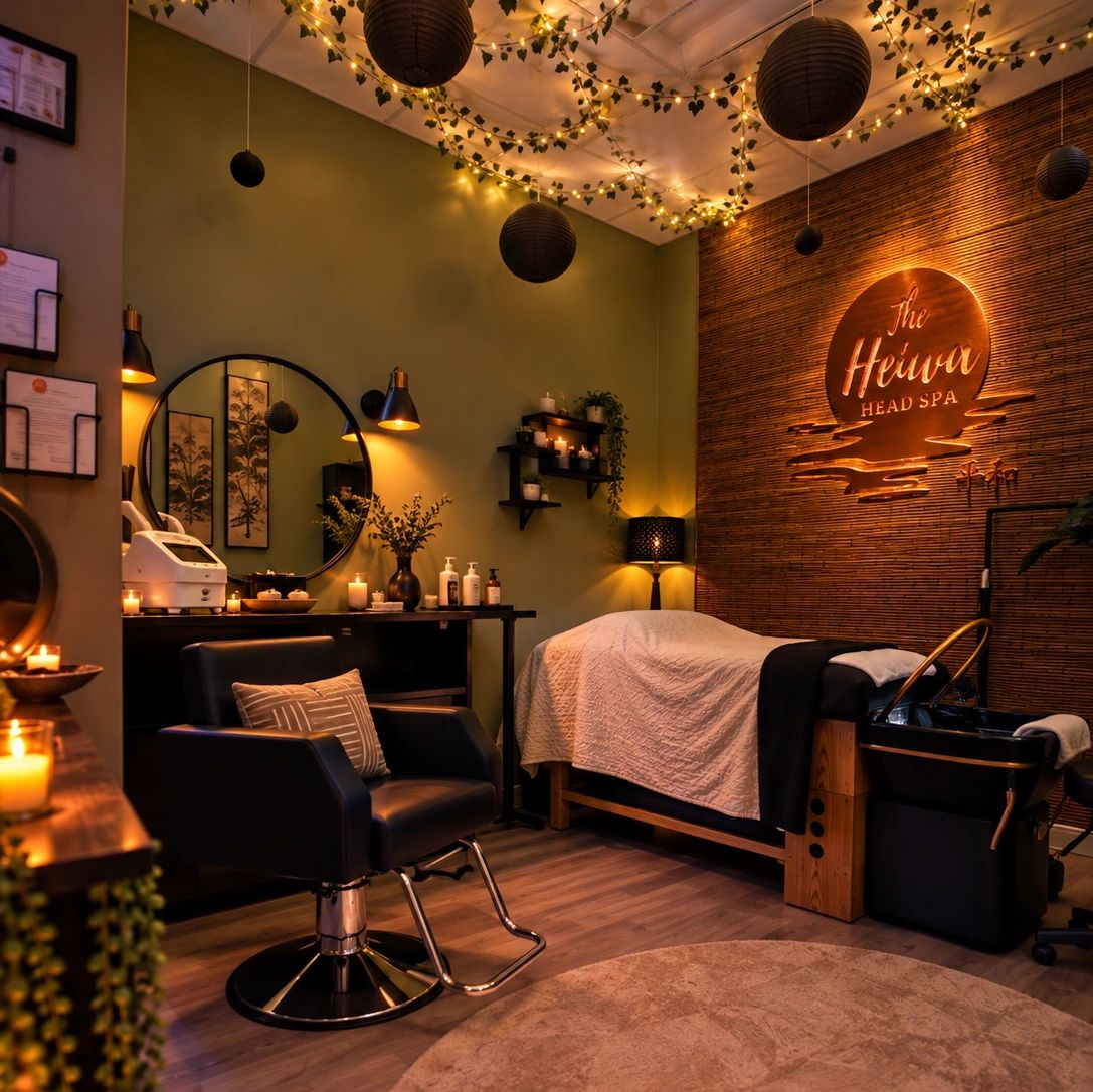 Cozy and warmly lit spa treatment room with relaxing decor.