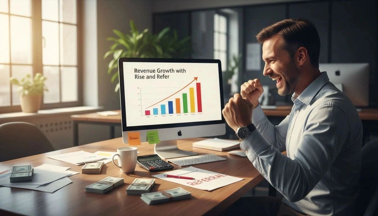 Man celebrating revenue growth shown on computer screen at office desk.