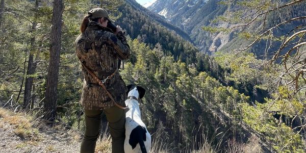 Jägerin mit Hund beobachtet die Berglandschaft.