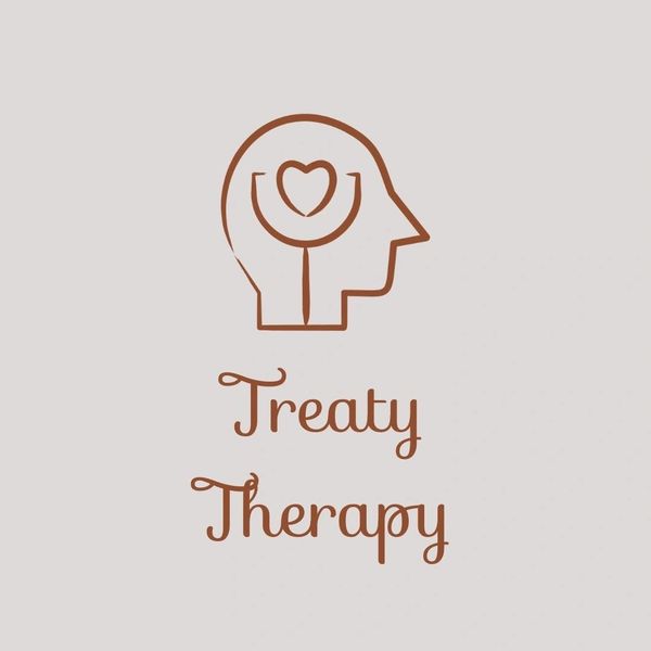Logo with a human head outline and a heart, reading 'Treaty Therapy'.