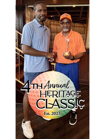 Two men shaking hands at the 4th Annual Heritage Classic golf event in 2023.