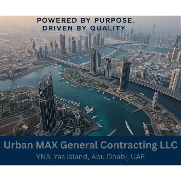 Aerial view of Abu Dhabi's skyline with Urban MAX General Contracting LLC branding.