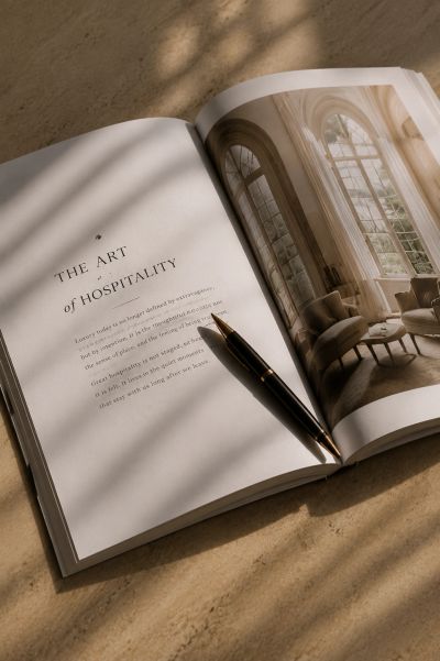 Open book titled 'The Art of Hospitality' with a pen on it.