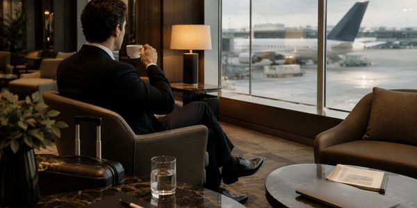 Businessman sipping coffee in airport lounge, watching planes.