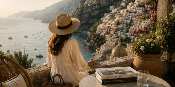 Woman in hat overlooking a coastal town at sunset, with books and flowers nearby.