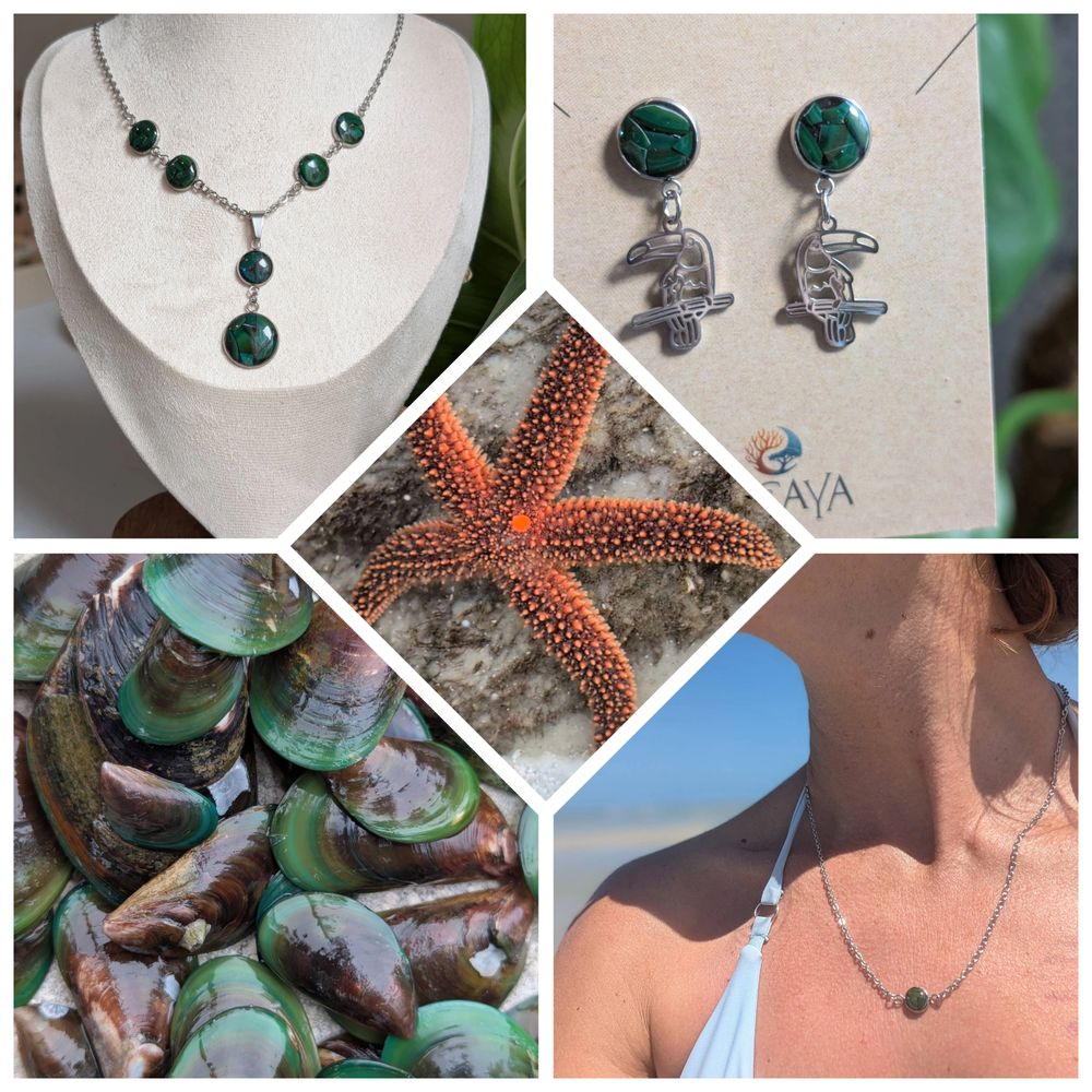 Jewelry with green stones inspired by nature, featuring starfish and shells.