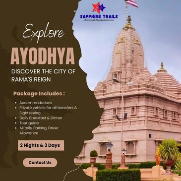 Travel ad for exploring Ayodhya with a 2-night tour package including accommodations and sightseeing.