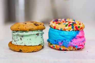 ice cream sandwiches, mint chip/chocolate chip cookies, rainbow sherbet/sprinkled sugar cookies