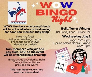 WOW Bingo Night fundraiser at Bella Terra Winery in Hunker, PA on July 1.