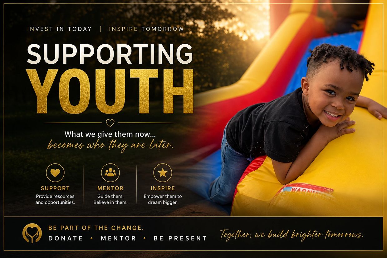 A smiling child playing on an inflatable, promoting youth support and mentorship.