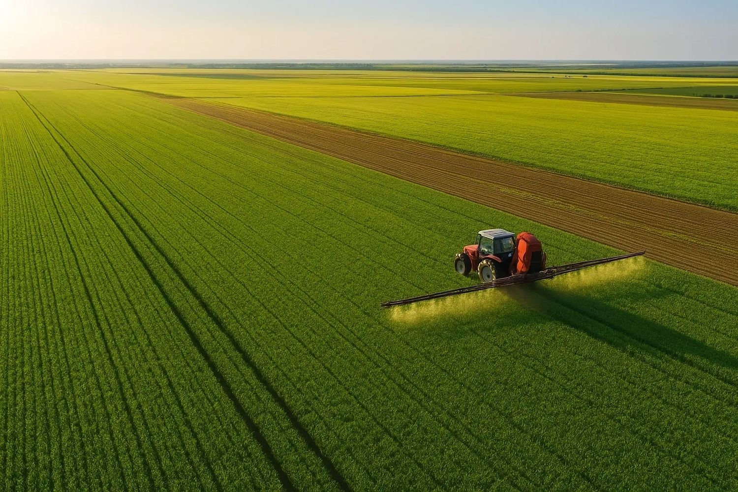 Tractor spraying crops in a vast green field at sunset.