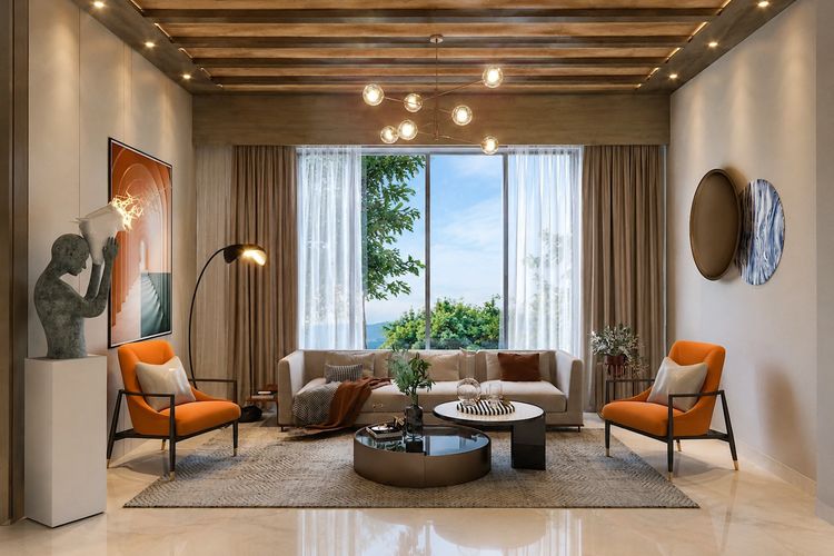 Modern living room with orange chairs and a large window overlooking greenery.
