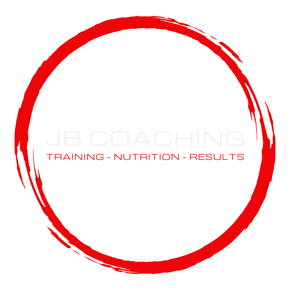 JB Coaching logo with a bold red circular brushstroke and text emphasizing training, nutrition, and results.