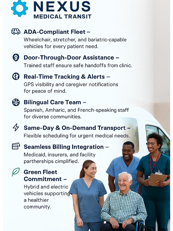 Nexus Medical Transit offers ADA-compliant, bilingual, eco-friendly medical transport with real-time tracking and seamless billing.
