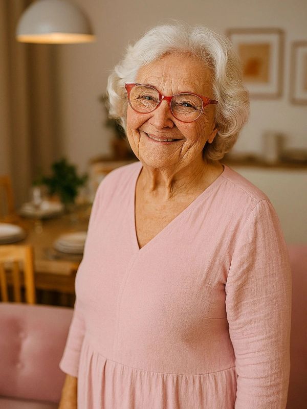 Smiling elderly woman wearing glasses and a pink dress.