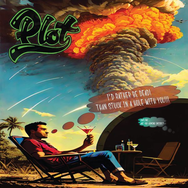 Man sipping drink outside near an explosion with comic-style text.