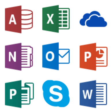 Icons of popular Microsoft Office applications like Access, Excel, OneDrive, and Outlook.