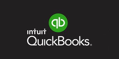 QuickBooks logo with green icon and white text on black background.