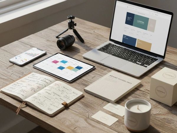 A workspace with a laptop, tablet, phone, notebook, camera, and candle.