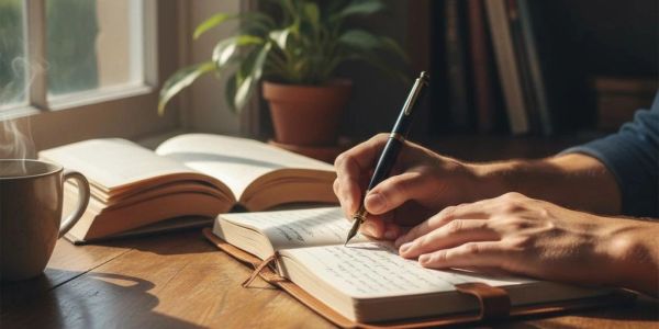 Person writing in a journal with books and a coffee cup nearby.
