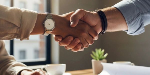 Close-up of handshake between two people indoors.