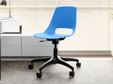 Blue office chair on wheels.
