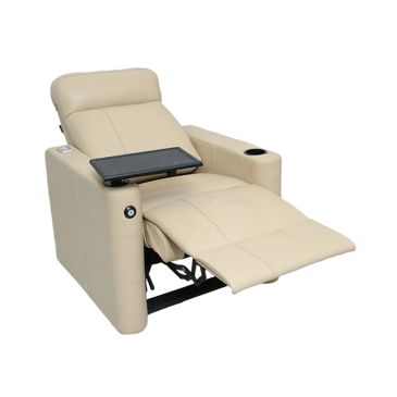Beige reclining chair with built-in tablet and cup holder.