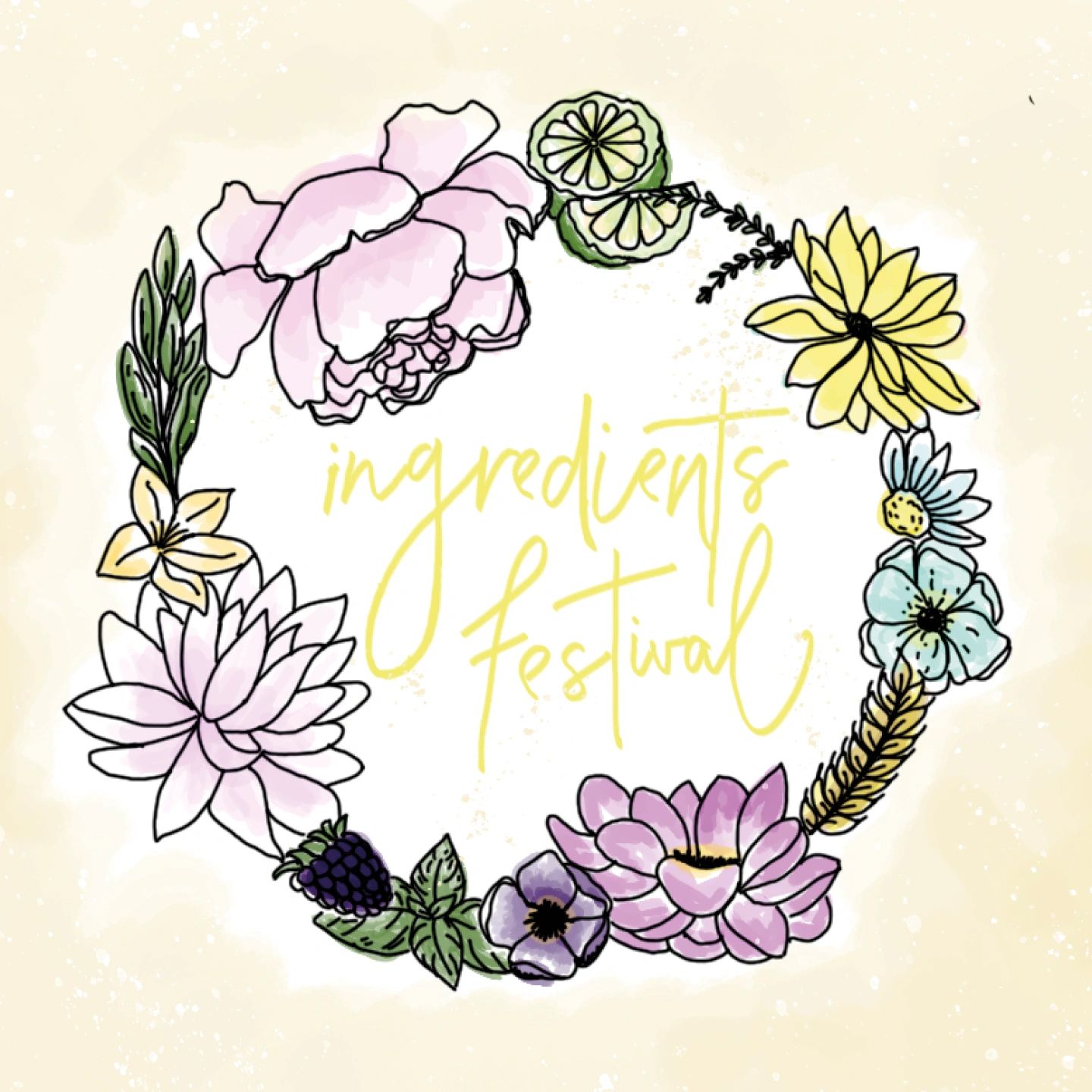 Floral wreath with the text 'ingredients festival' in the center.
