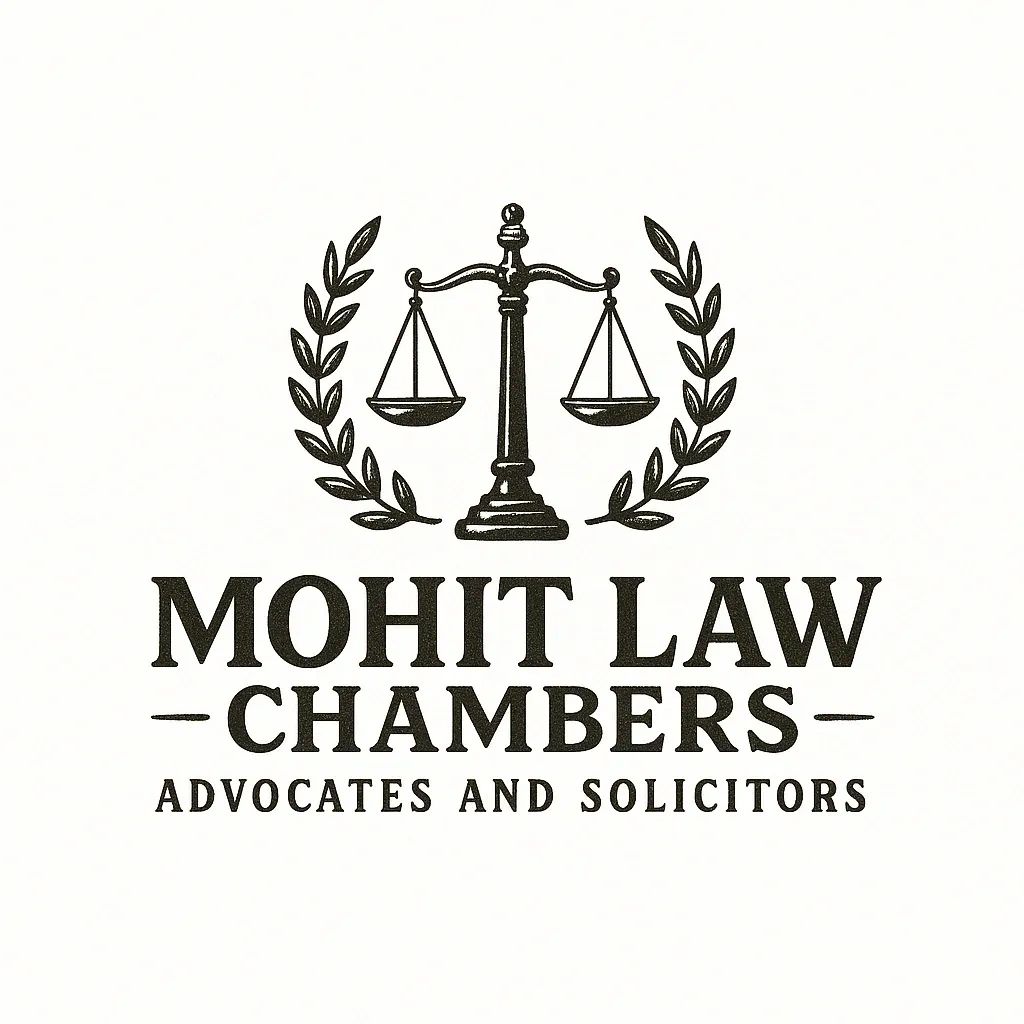 Logo of Mohit Law Chambers with scales of justice and laurel wreath.