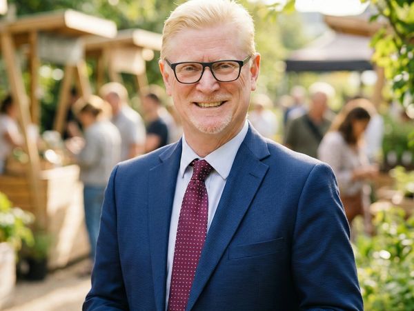 Smiling man in a blue suit and glasses stands outdoors at a sunny event.
