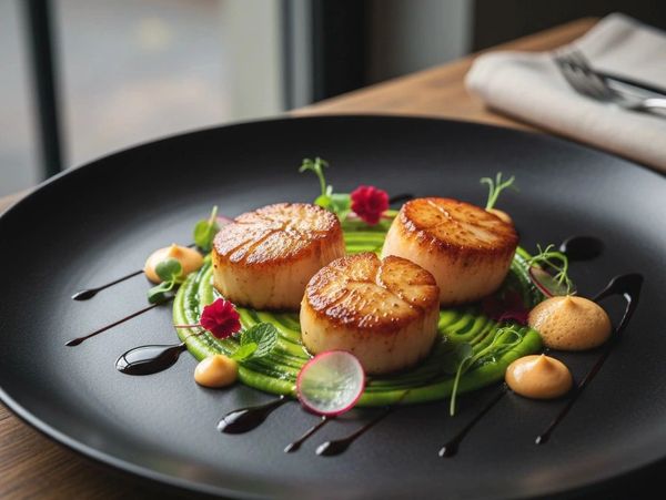 Seared scallops with green puree and garnishes on a black plate.