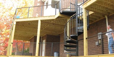 two-story deck with spiral staircase