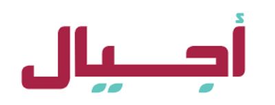Logo with Arabic text in maroon and teal colors on white background.