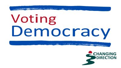 Graphic with the phrase 'Voting Democracy' and 'Changing Direction' logo.