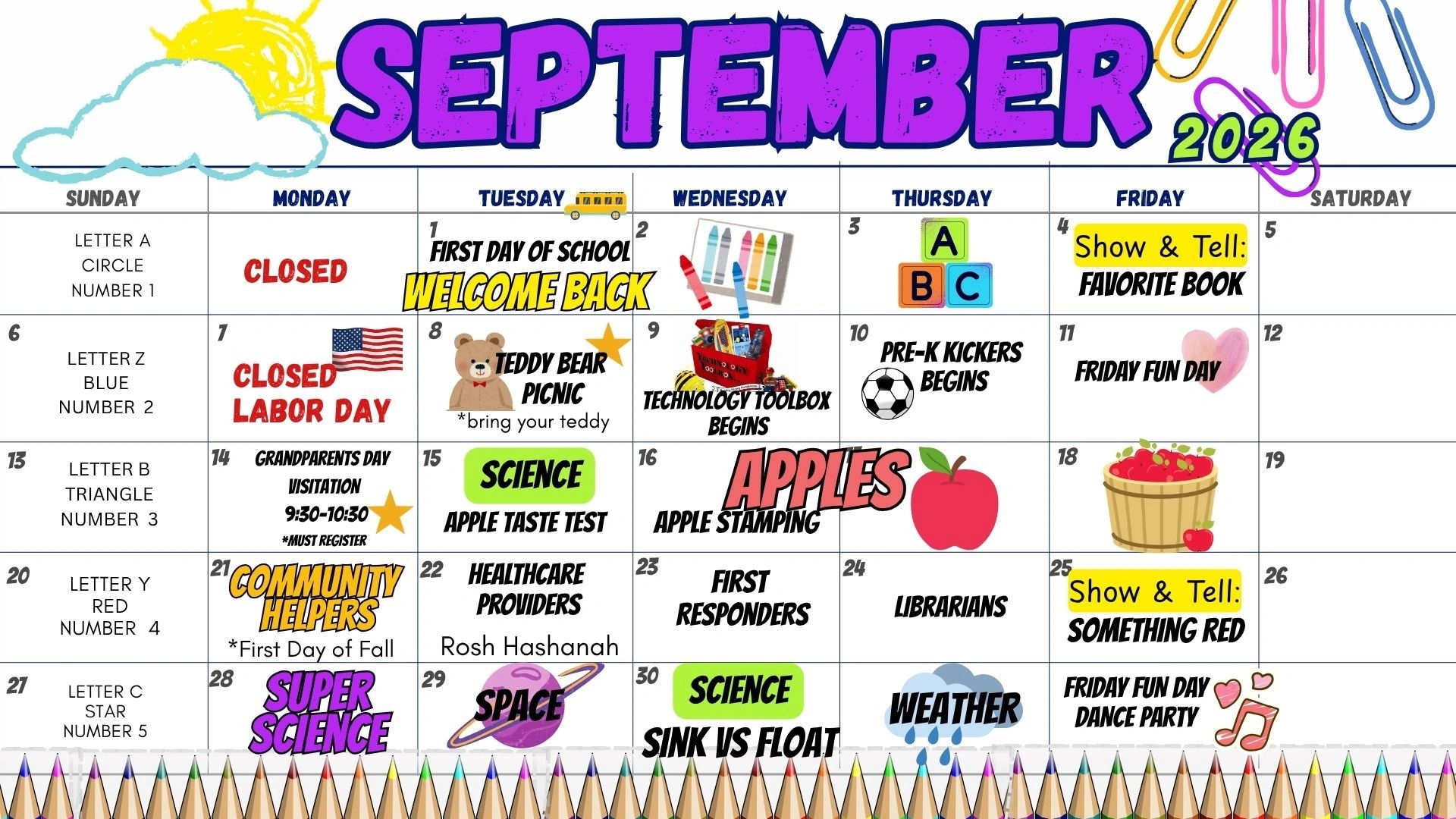 September 2026 colorful calendar with school events.