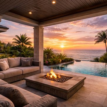 Luxurious outdoor patio with fire pit overlooking sunset ocean view.