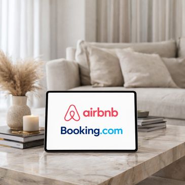 Tablet showing Airbnb and Booking.com logos on a coffee table.