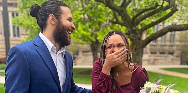 Bride and groom laughing