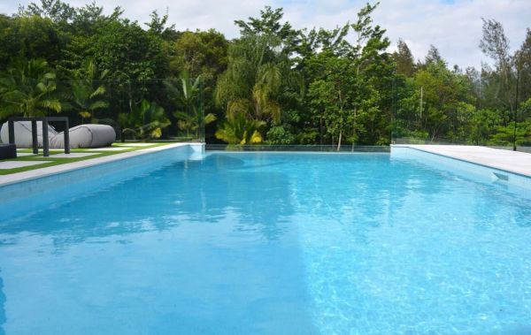 Large outdoor swimming pool surrounded by greenery.
